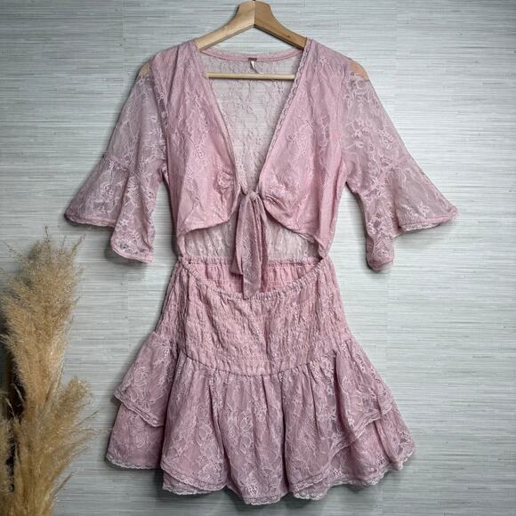 Free People mini dress floral lace cutout ruffled tiered sheer mesh boho Small - Picture 3 of 8